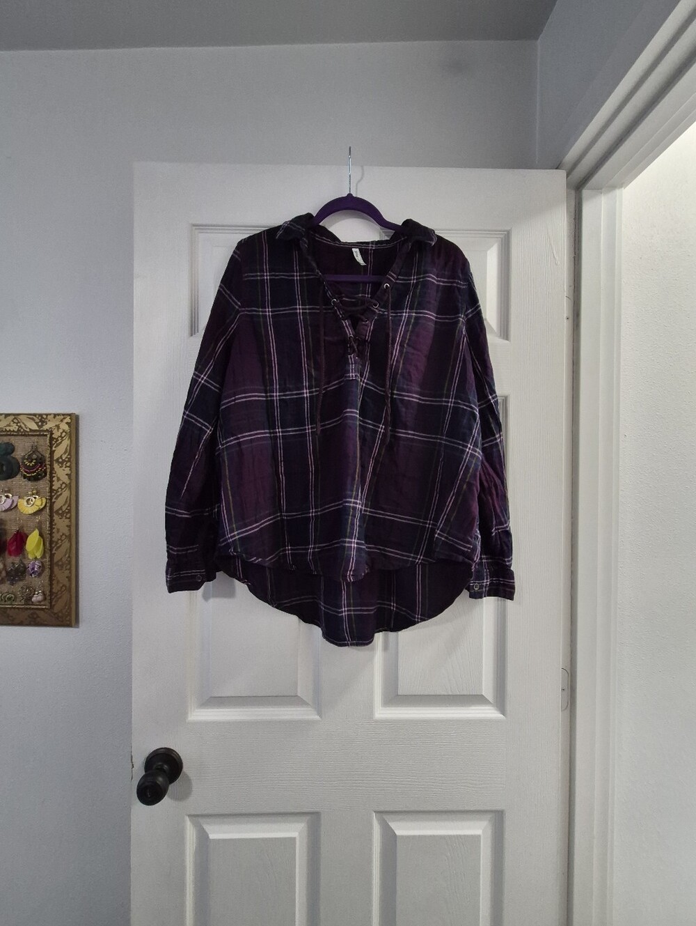 Y2k Mudd Purple Plaid Hooded Lace-Up Top